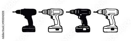 Electric Cordless Drill Icons. Power Tool Silhouette and Outline Vector Illustration.
