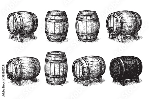 Set of eight rustic, hand-drawn wood barrels in varying shapes and orientations are shown against a clean white background. Suitable for liquor, wine, or decoration concepts.
