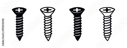 Wood Screw Icons Collection. Phillips Head Fastener Silhouette and Outline Vector Set.