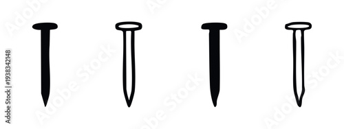 Nail Icons Set. Building Fastener Element Silhouette and Outline Vector Illustration.
