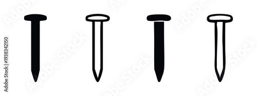 Nail Vector Icons Set. Fastener Silhouettes for Construction, Woodworking, and Home Projects. Isolated on White Background.