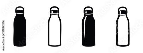 Insulated Water Bottle Icons Set. Reusable Thermos Flask Silhouettes for Travel, Sport, and Daily Hydration.
