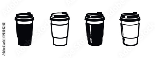 Reusable Coffee Cup Icons Set. Travel Mug and Tumbler Silhouettes for Hot Drinks on the Go, Eco-Friendly Beverage.
