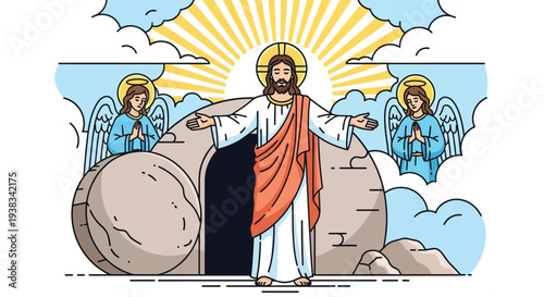Jesus Christ standing in front of an empty tomb with angels on either side