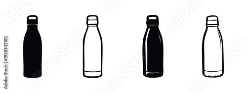 Slim Insulated Bottle Icons Set. Elegant Reusable Water Flask Silhouettes for Modern Hydration and Sport.