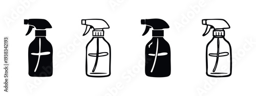 Cleaning Spray Bottle Icons Set. Household Disinfectant Container Silhouettes for Hygiene and Home Care.