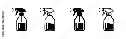 Spraying Action Bottle Icons Set. Cleaning and Disinfectant Spray Silhouettes with Mist Effect.