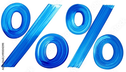 Two blue painted percentage symbols, brushstroke texture. Isolated on white, vibrant