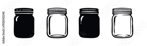 Empty glass jars with ribbed lids icon set, ideal for food packaging and storage designs