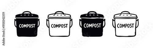 Compost bin icons with 'COMPOST' text for organic waste recycling and eco-friendly themes