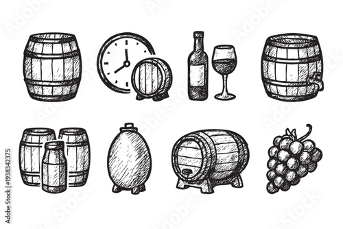 Black and white sketch of wine making elements including a wine bottle, wine glass, grapes, barrels and time. Suitable for illustrating vineyards, cellars, or wine tasting themes.