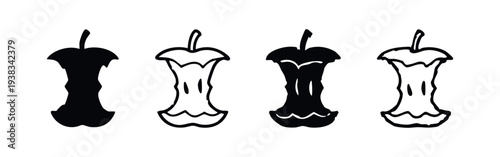 Bitten apple core icons, representing organic food waste and healthy eating aftermath