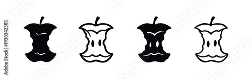 Bitten apple core design elements for illustrating food waste and healthy snack concepts