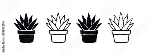 Potted Succulent Plant Icon Set. Aloe Vera Houseplant Silhouette and Outline Vectors for Home Decor.