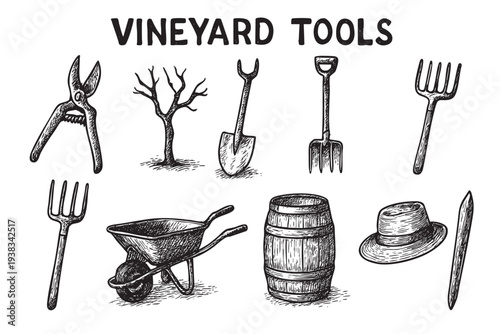 An illustration features vineyard tools in a sketched style on a white backdrop. It includes pruning shears, a shovel, a wheelbarrow, and a wine barrel. Ideal for agricultural or wine-themed design.
