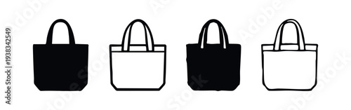 Tote Bag Icon Set. Reusable Shopping Bag Silhouette and Outline Vectors for Eco-Friendly Lifestyle.