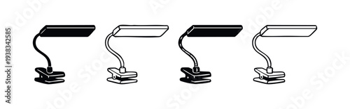 Clip-On Desk Lamp Icon Set. Portable LED Light with Clamp Silhouette and Outline for Workspace.