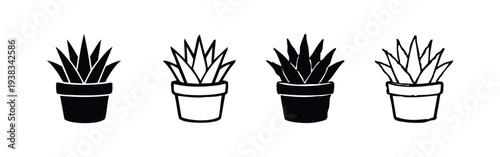 Agave or Succulent Potted Plant Icon Set. Houseplant Silhouette and Outline Vectors for Interior Design.