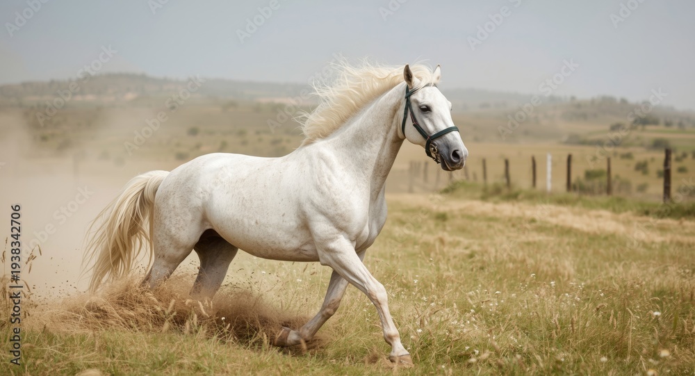 Obraz premium Commanding white horse amid ranch haze exuding power and racing spirit