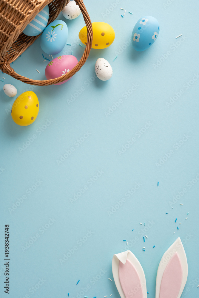 Fototapeta premium Happy Easter vertical scene with hand painted eggs spilling from a wicker basket, bunny ears peeking in the corner and pastel confetti on a soft blue flatlay background