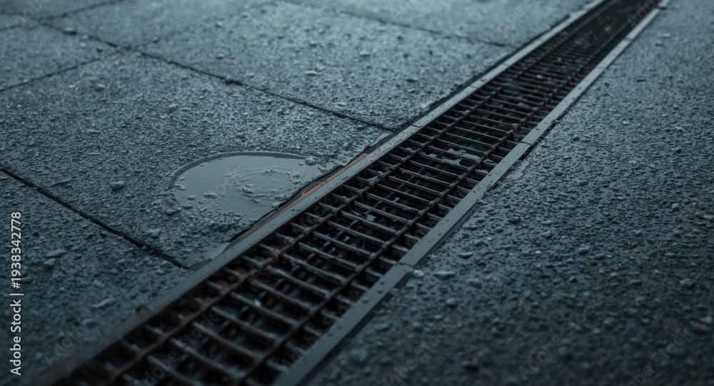 Fototapeta premium Close observation of rainwater drain on flat roof with waterproof coating and adjacent gutter channel