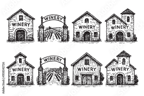 Hand-drawn winery buildings sketch set, showing various architectural styles, an arched vineyard entrance, creating a vintage aesthetic perfect for branding.