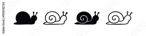 Snail Icon Set. Black and white illustration of garden snails in silhouette and outline.