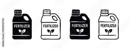 Fertilizer Bottle Icon Set. Black and white illustration of plant nutrient containers with sprout.