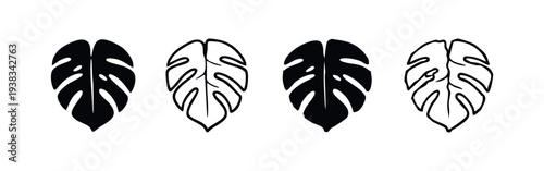 Monstera Leaf Icon Set. Black and white illustrations of tropical houseplant leaves.