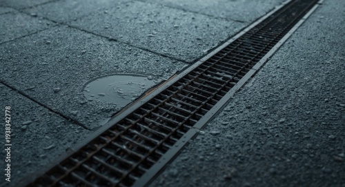 Close observation of rainwater drain on flat roof with waterproof coating and adjacent gutter channel