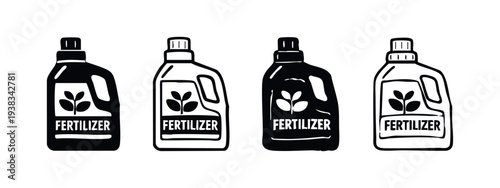 Fertilizer Bottle Icon Set. Black and white illustration of garden plant food containers with leaves.