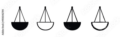 Hanging Planter Icon Set. Black and white illustrations of suspended plant pots.