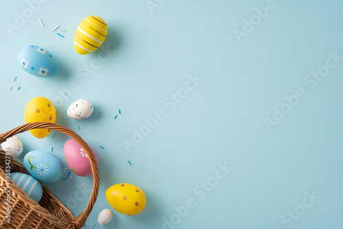 Happy Easter scene featuring colorful decorated eggs spilling from a wicker basket onto a soft pastel blue background with confetti accents and a light festive mood