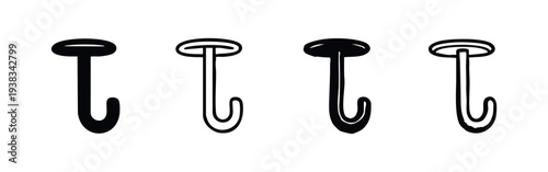 Utility Hook Icon Set. Black and white illustrations of ceiling or wall hooks.