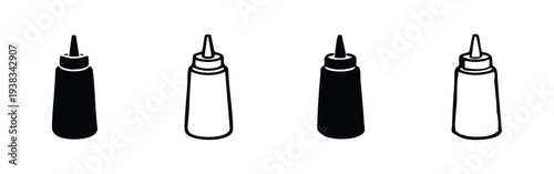 Squeeze Bottle Icons Set with Pointed Spout. Condiment Dispenser Glyph and Outline Vector Illustrations for Glue or Sauce.