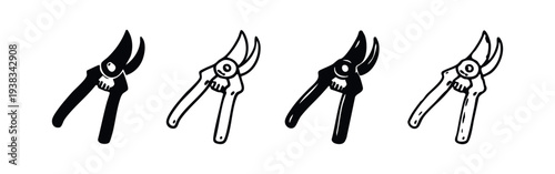 Garden Pruning Shears Icons Set. Gardening Clippers Glyph and Outline Vector Illustrations for Horticulture Tools.