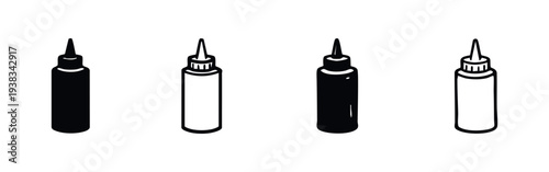 Condiment Squeeze Bottle Icons Set. Food Dispenser Glyph and Outline Vector Illustrations for Kitchen and Fast Food.