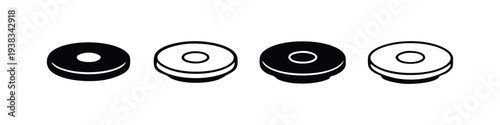Round Washer Icons Set with Hole. Donut Shape Glyph and Outline Vector Illustrations for Industrial or Food Design.