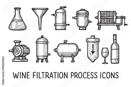 Hand-drawn style icons depict wine filtration equipment and bottle and glass, conveying a vintner's process with a rustic, illustrative touch. Great for infographics or educational material.