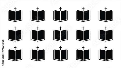 Set of black and white bible icons with crosses on top religious symbols holy scripture illustrations