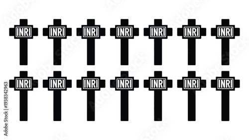 Multiple black crosses with inri signs on white background symbolizing faith and spirituality in a simple graphic design