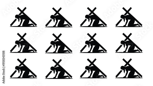 Black silhouettes of people doing yoga poses in rows on white background meditation and mindfulness concept