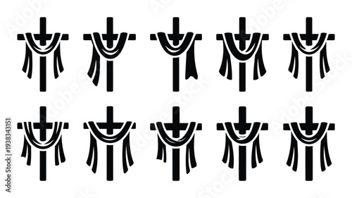 Set of black and white abstract symbols with draped cloth on crosses decorative elements graphic design icons and motifs on white background