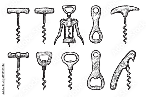Various hand-drawn corkscrews and bottle openers sketched in black and white, creating a vintage, rustic aesthetic suitable for restaurants and bars.