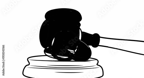 A black and white illustration of a gavel and sounding block
