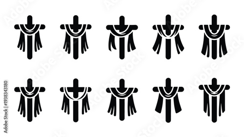 Set of eight black silhouettes of people with hands tied together in solidarity and cooperation on white background