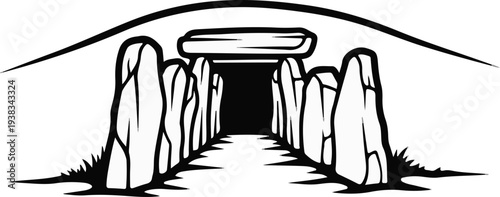 Primitive stone structure with rough, upright monoliths leading into darkness