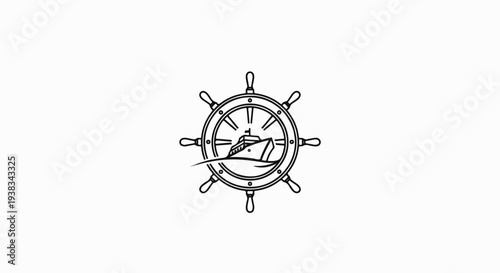 A ship sails on waves within a ship's wheel outline