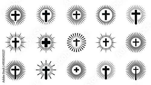 Collection of 12 black cross symbols with sunburst designs on white background for religious or spiritual use