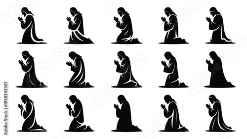 Collection of black silhouette illustrations of people praying in various kneeling positions